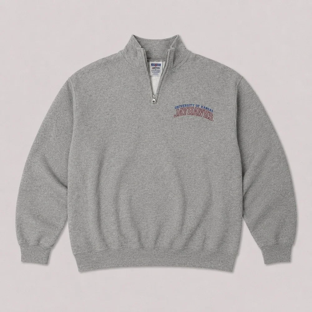 University of Kansas Jayhawks Quarter Zip Pullover Sweatshirt Gray Mens Large